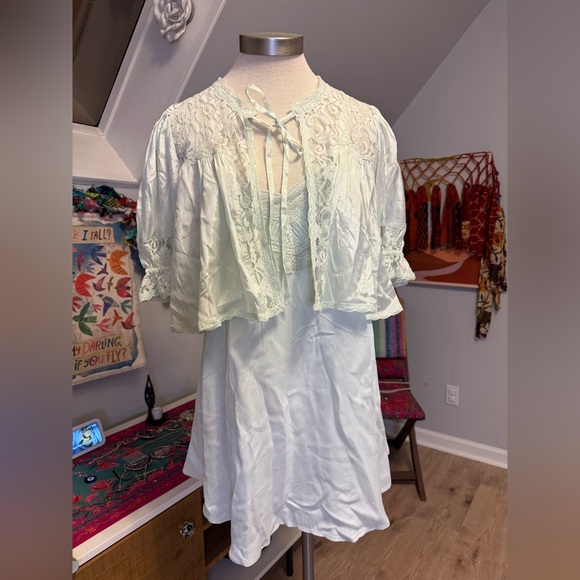 NWT Free People Elegant Lenna Mint Lace Slip Dress + Bed Jacket Small - Picture 2 of 15